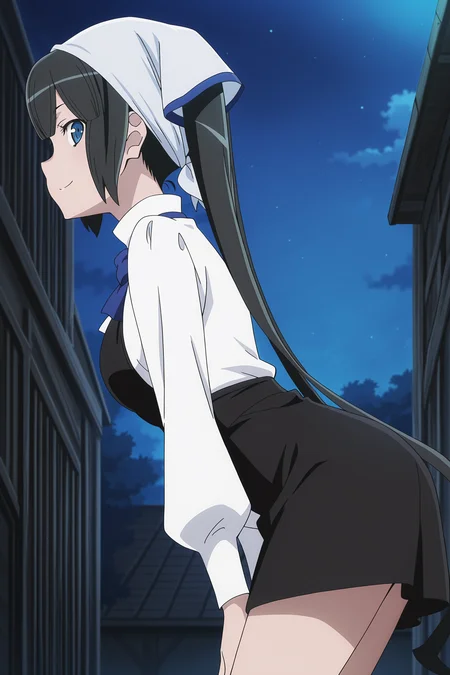 anime screencap, anime coloring, detailed face, masterpiece, best quality, very aesthetic, absurdres, volumetric lighting, 
outdoors, night, 
<lora:Hestia_All_appearances_Is_It_Wrong_to_Try_to_Pick_Up_Girls_in_a_Dungeon:1>
Hestia (character), 1girl, solo, twintails, long hair, black hair, smile, long sleeves, profile, hestia (danmachi), shirt, puffy sleeves, from side, head scarf, bending forward, looking at the viewer, smile, low angle, cowboy shot,