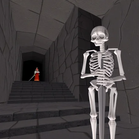 kf1eld, pov, lowpoly, ps1, fantasy, 90s cg, 3d,no humans, .
first-person combat scene from the PlayStation game King's Field, the player is fighting a skeleton, The style is very early 3d graphics on the PS1 console. The player's character is equipped with a bow and arrow. The environment appears to be a dimly lit room with stone walls and pillars, typical of a medieval or fantasy setting. 
skeleton, holding sword, stairs, stone walls, cave, indoors,
masterpiece