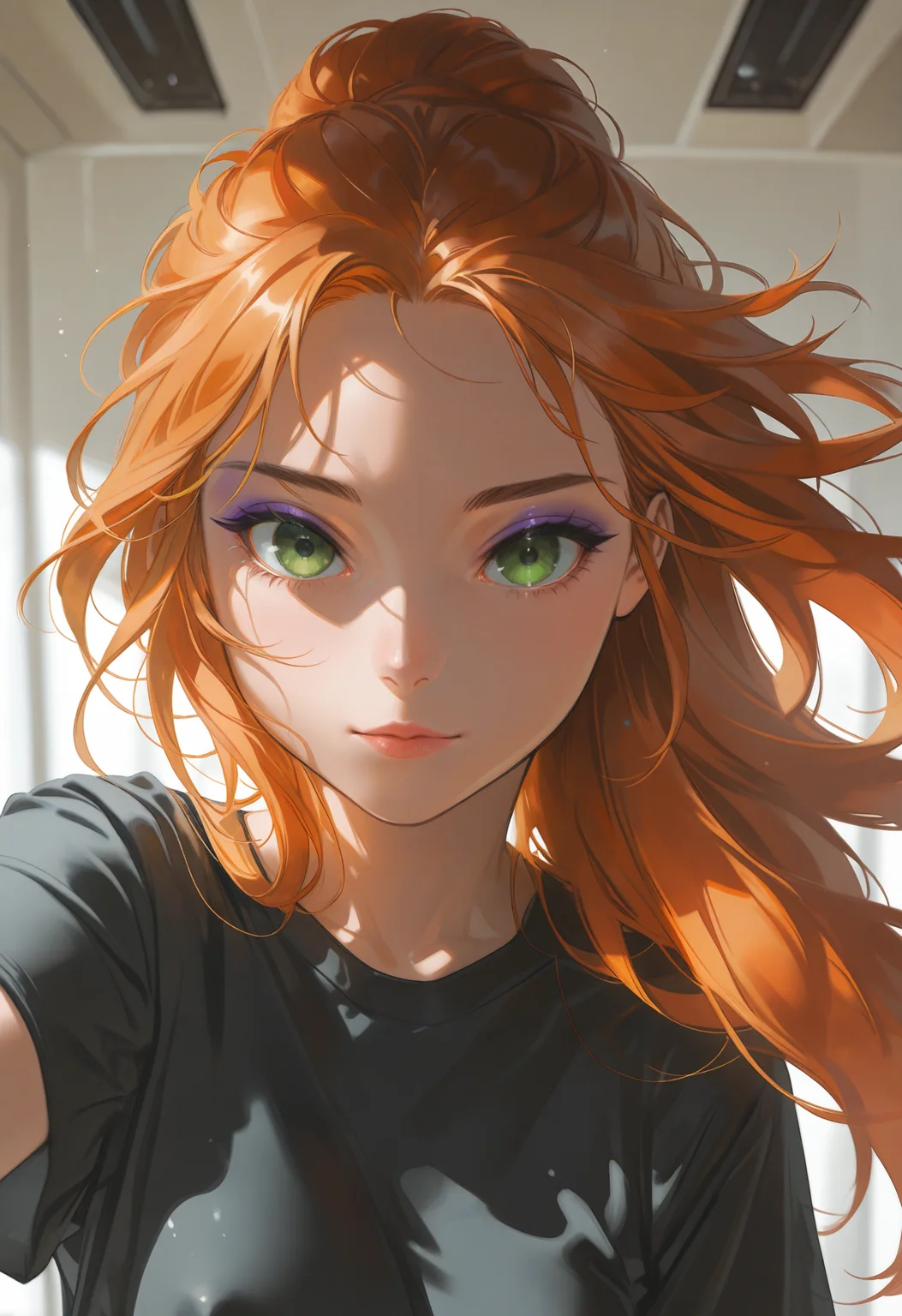 embedding:lazypos, 1girl, Long hair, orange hair, green eyes, thick eyebrows, black eyebrows, purple eyeshadow, pink lips, full lips, slender body, floating hair, small ass, medium breast, realistic breast, black shirt, t-shirt, short sleeves, pants, crouching, one knee up, front view, looking at viewer, movie perspective, blurry, indoors, mature woman