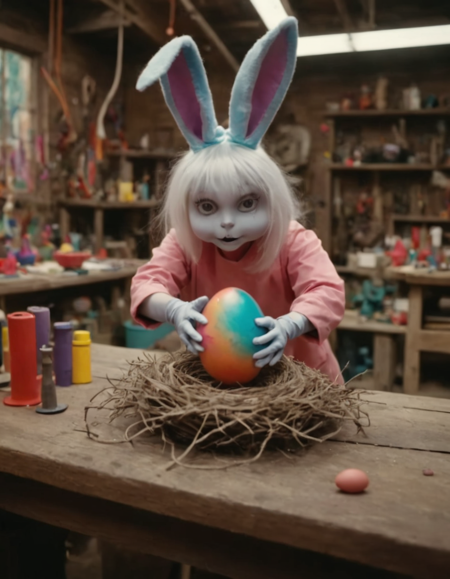 Masterpiece (wide angle shot) , scaryEasterbunny crafting an incantation, (creating a little colorful magic egg in a nest:1.6), standing on an old carved table in a colorful factory laboratory. fantastic view. creepy and unsettling kids tv show  <lora:UNSTL_KIDS_TV_v2:1>