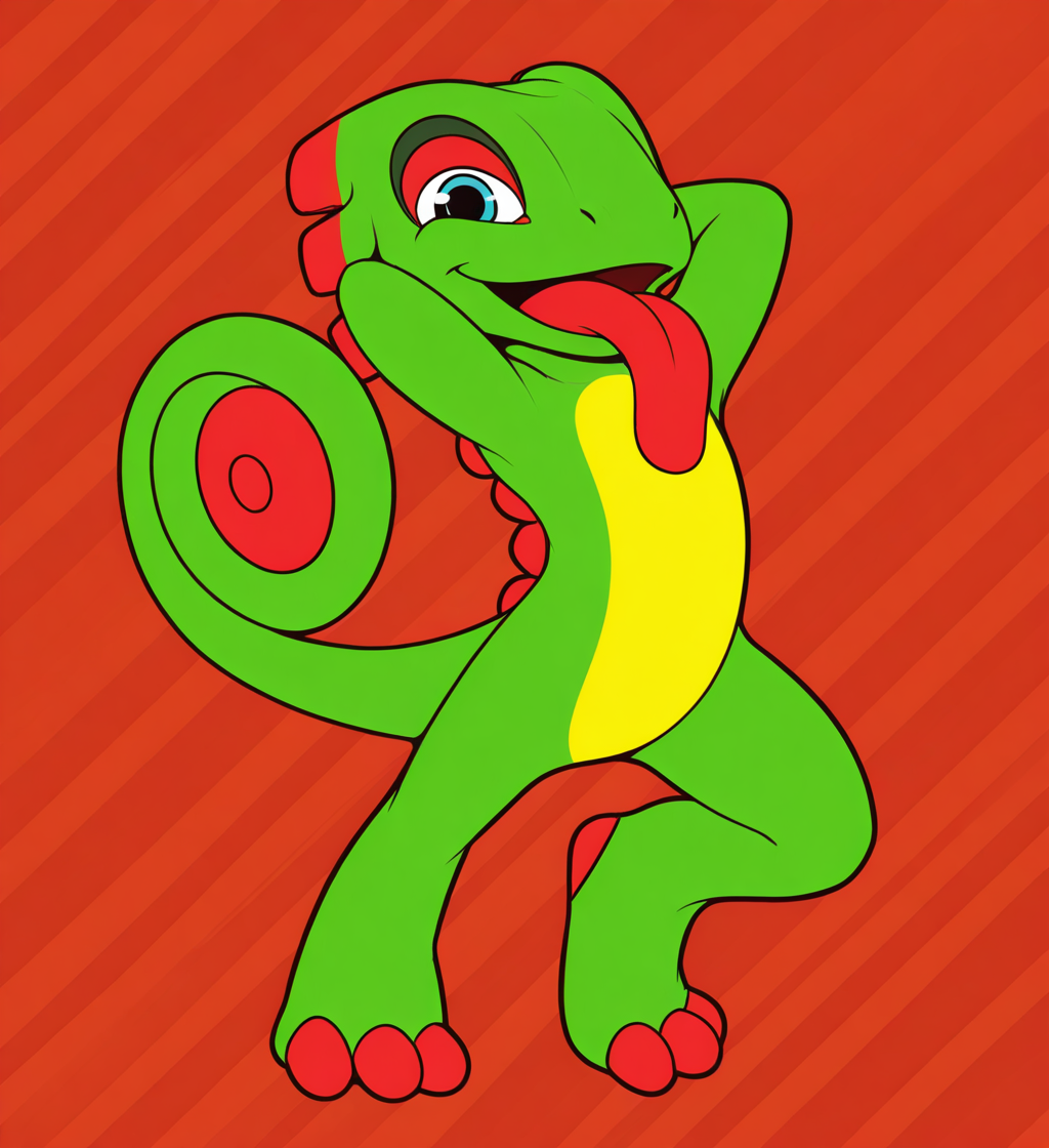 high resolution, best quality, 4k, shadeless, flat colors, male, open mouth, tongue out, long tongue, looking at viewer, wink, hands behind head, striped background, <lora:Yooka_-_Yooka-Laylee_-_IL:1> y00k4, scalie, chameleon, ear frills, tail, curled tail, 3 toes, 4 fingers, multicolored body, green skin, orange highlights, blue eyes