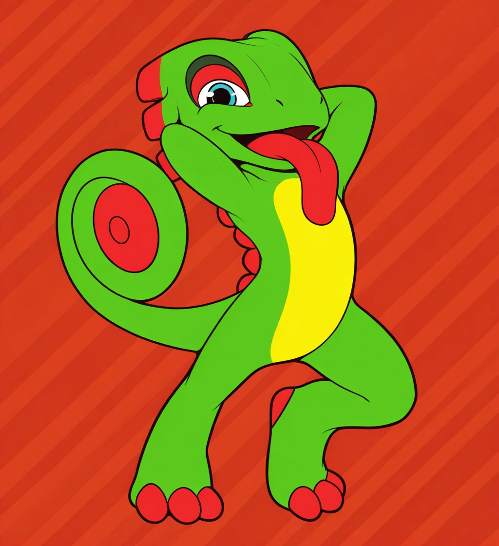 high resolution, best quality, 4k, shadeless, flat colors, male, open mouth, tongue out, long tongue, looking at viewer, wink, hands behind head, striped background, <lora:Yooka_-_Yooka-Laylee_-_IL:1> y00k4, scalie, chameleon, ear frills, tail, curled tail, 3 toes, 4 fingers, multicolored body, green skin, orange highlights, blue eyes