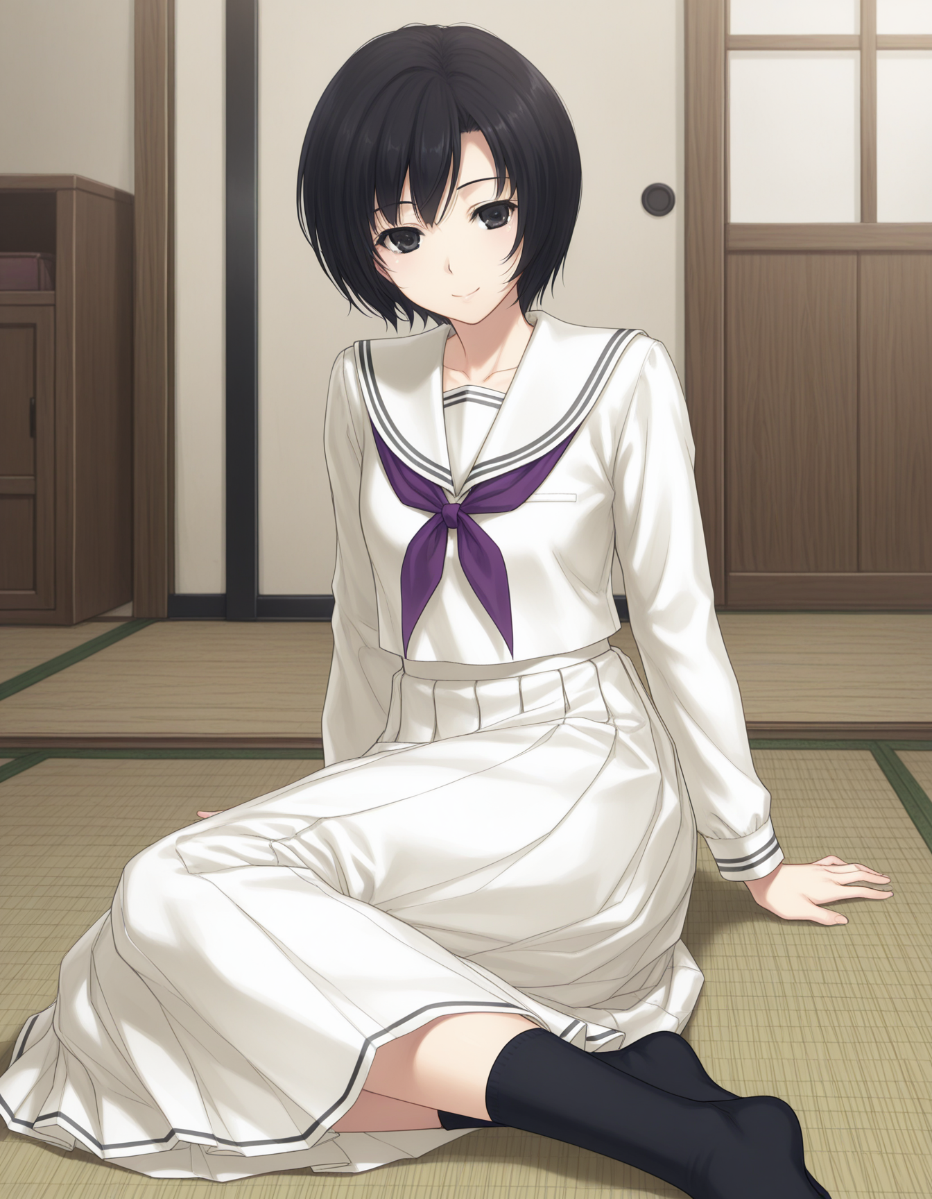 1girl, solo, tokisaka yukari, black hair, short hair, black eyes, smile, school uniform, white serafuku, long sleeves, purple neckerchief, white skirt, long skirt, pleated skirt, black socks, yokozuwari, arm support, indoors, japanese room, tatami <lora:tokisaka_yukari_ilxl_v1:0.7>
