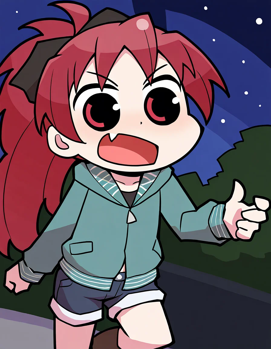masterpiece, best quality, newest, absurdres, highres, safe, 1girl, sakura kyoko \(casual costume\), magia record: mahou shoujo madoka magica gaiden, papa \(shimeguru\), aqua jacket, shorts, solo, night, outdoors, dutch angle, <lora:sakura_kyoko_noobaiXLNAIXL_vPred10Version:0.7>