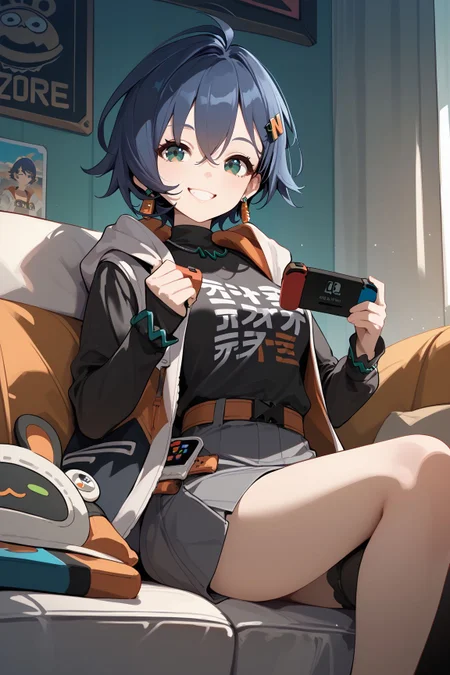 score_9, score_8_up, score_7_up, source_anime, 8k hd, uncesored, 1girl, Belle_(Zenless_Zone_Zero), green eyes, blue hair, short hair, ahoge, medium breasts, hair ornament, earrings, black shirt, open jacket, single thighhigh, grey skirt, shirt tucked in, belt, hood down, single glove, clothes writing, bright smile, happy, sitting, gaming, playing video games, holding controller, nintendo switch controller, v, looking at viewer,
<lora:ZenlessZoneZero_Belle_ShadowxArt:0.8>