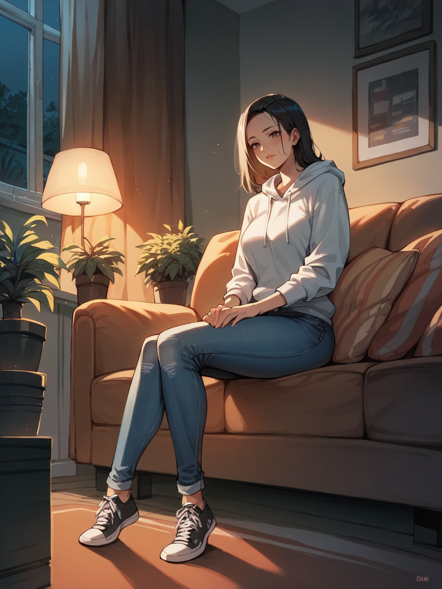 score_9, score_8_up, score_7_up, score_6_up,  <lora:d4rkv1b3XLP:0.8> d4rkv1b3, dark, night, 1girl, sitting, potted plant, living room, curvy, jeans, hoodie