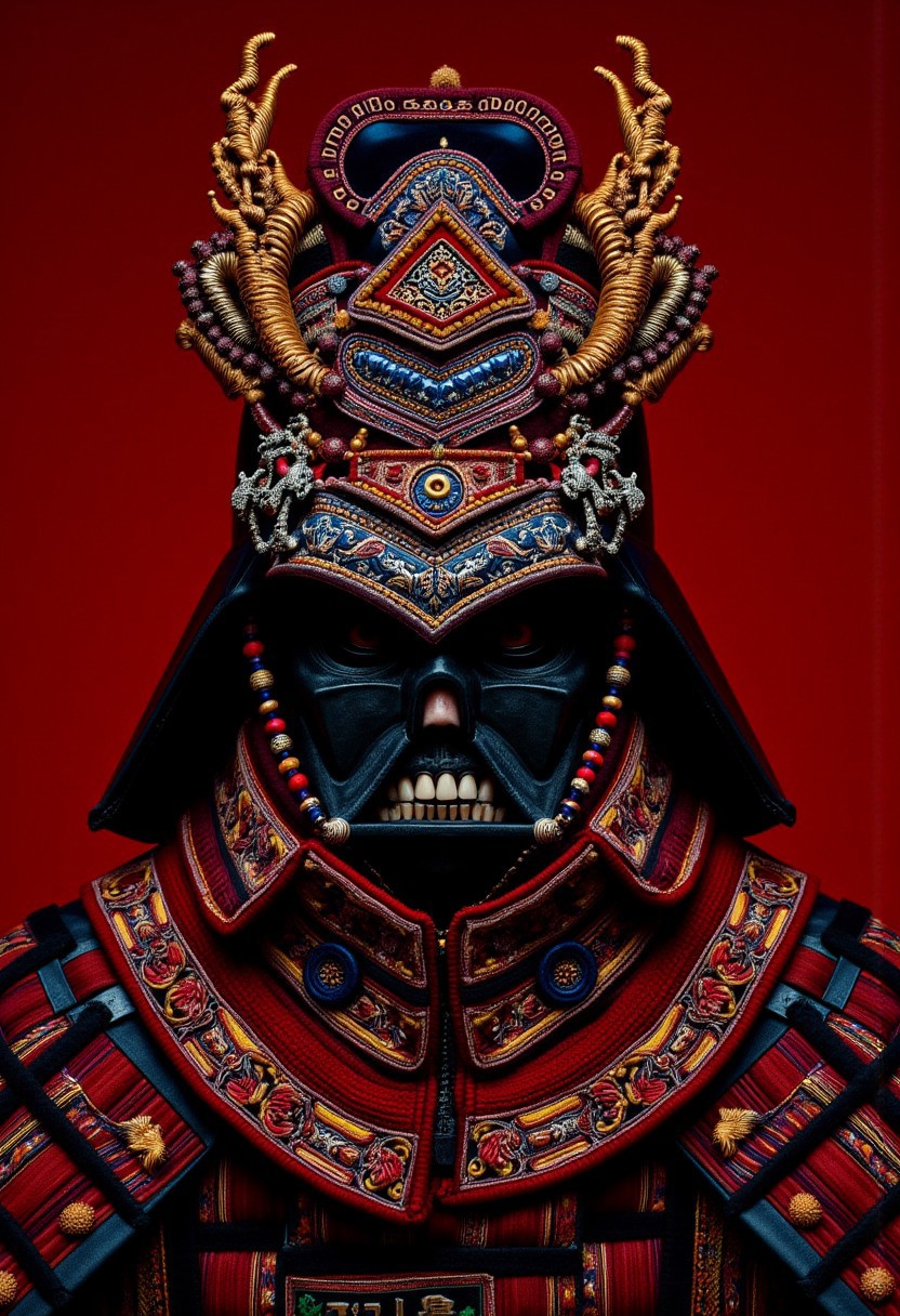 w1z-h34d., Darth Vader samurai with human teeth and black gums wearing an african ceremonial headdress, elaborate, ornate, intricate, filigree, avant-garde, adorned, vinok flower crown, balinese gelungan, fenguang phoenix coronet, mongolian bogtag gugu, kokoshnik