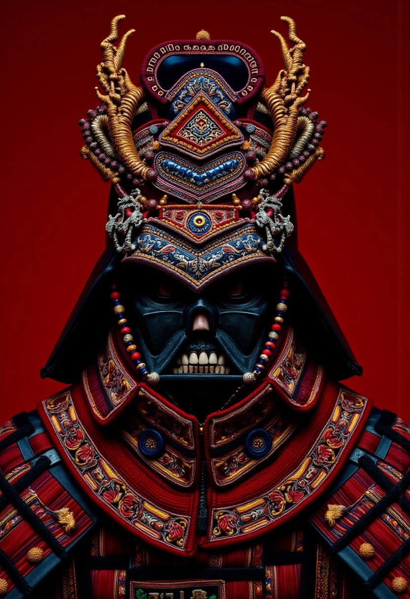 w1z-h34d., Darth Vader samurai with human teeth and black gums wearing an african ceremonial headdress, elaborate, ornate, intricate, filigree, avant-garde, adorned, vinok flower crown, balinese gelungan, fenguang phoenix coronet, mongolian bogtag gugu, kokoshnik