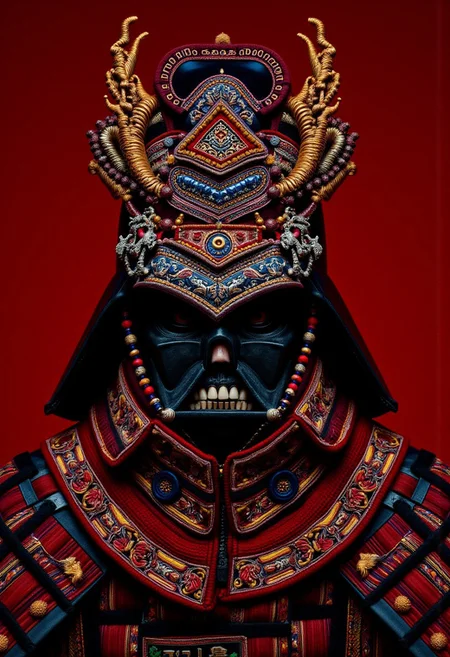 w1z-h34d., Darth Vader samurai with human teeth and black gums wearing an african ceremonial headdress, elaborate, ornate, intricate, filigree, avant-garde, adorned, vinok flower crown, balinese gelungan, fenguang phoenix coronet, mongolian bogtag gugu, kokoshnik