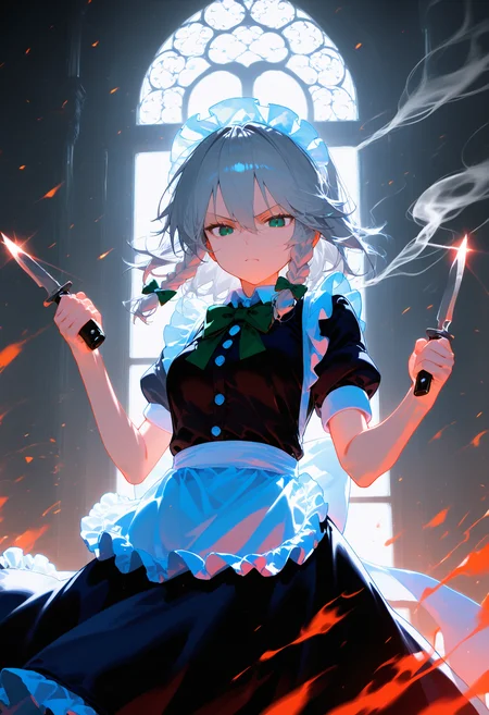 <lora:EtherPDXLStyleXL:1>, best quality, masterpiece, EtherPDXLStyle, 1girl, puffy short sleeves, holding knife, waist apron, braid, maid headdress, izayoi sakuya, green bow, grey hair, twin braids, black dress, puffy sleeves, closed mouth, white apron, green bowtie, frills, looking at viewer, maid apron, hair between eyes, window, hair bow, fire, holding weapon, green eyes, frilled apron, short hair, buttons, smoke, serious, v-shaped eyebrows, indoors, dual wielding, frilled dress, frown, breasts, shirt, standing