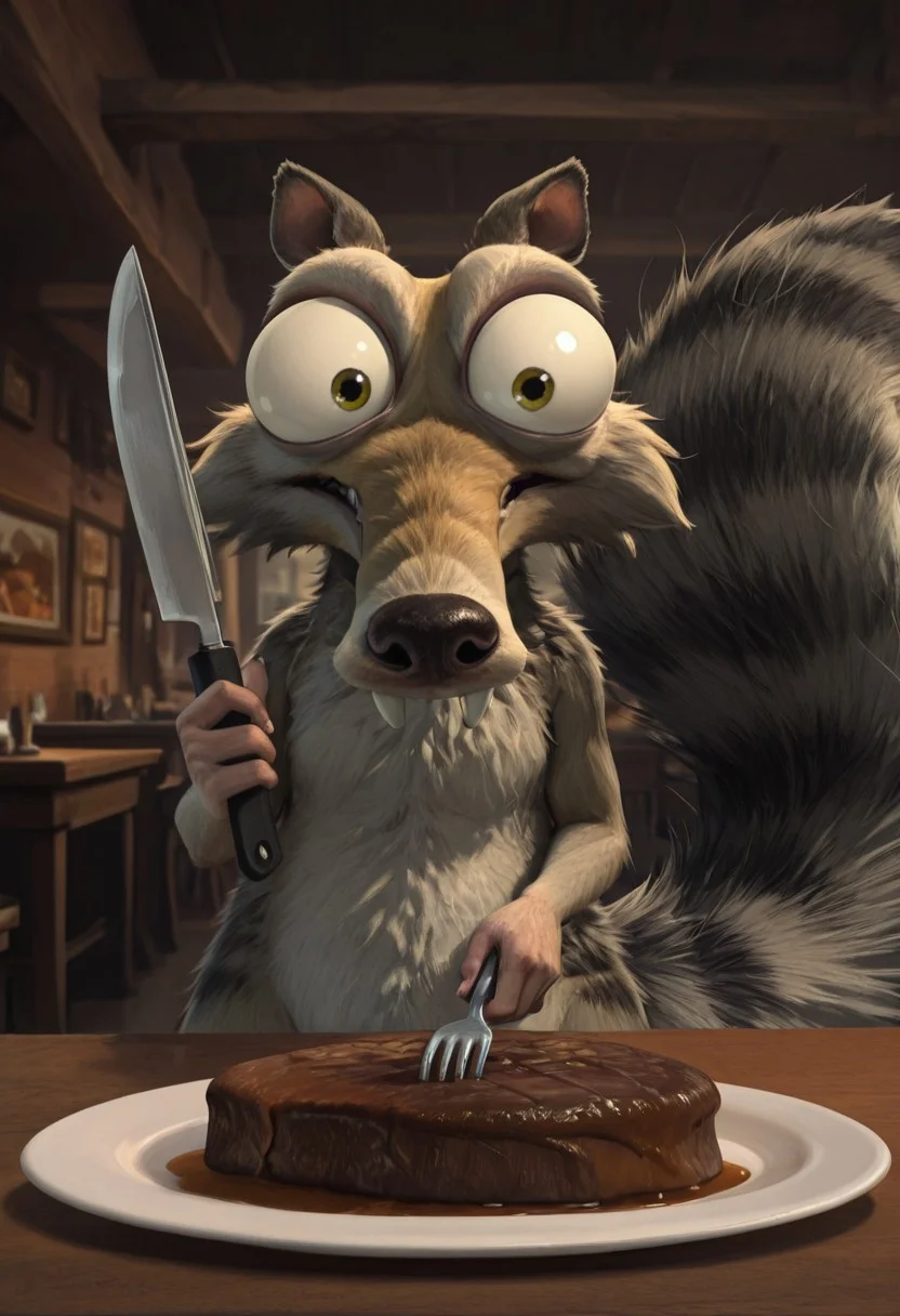 Masterpiece, absurdres, Scrat, solo, long snout, bushy tail, striped tail, bulging eyes, holding a knife and fork, about to a juicy steak, restaurant background,
