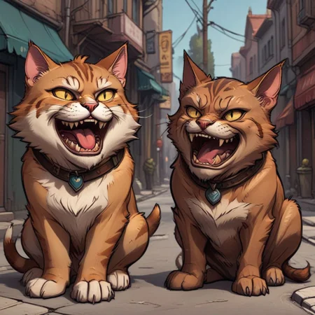 outline, lmnoutln, smiling cat looking at angry dog, street, masterpiece, best quality, outline style, fine lines, thin lines, detailed, no humans