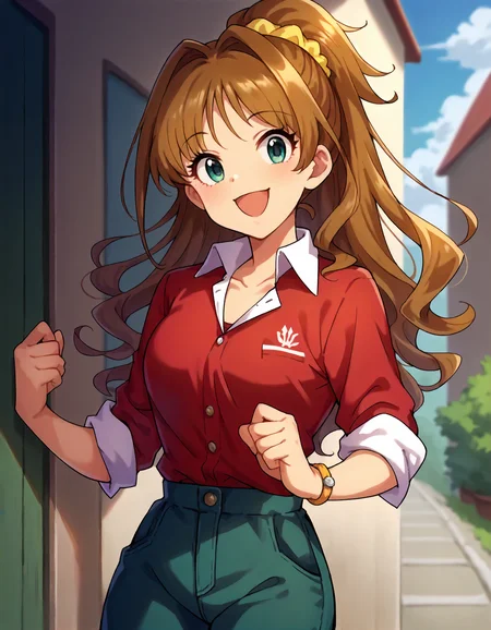 score_9,score_8_up,score_7_up,1girl,solo,cowboy shot,smile,open mouth,looking at viewer,outdoors,
<lora:hinoakane_ponyXLV6:0.8>,cghak,
brown hair,long hair,ponytail,aqua eyes,
hair scrunchie,yellow scrunchie,red shirt,collared shirt,white collar,sleeves rolled up