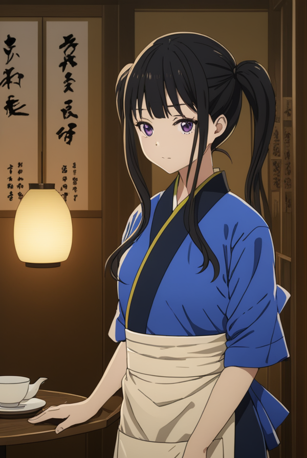 masterpiece, best quality, highres, 4k, 8k, intricate detail, cinematic lighting, amazing quality, amazing shading, soft lighting, Detailed Illustration, anime style,
takinainoue, <lora:takina-inoue-s1-sdxl-lora-nochekaiser:0.75>,
inoue takina, long hair, bangs, black hair, twintails, purple eyes,
japanese clothes, kimono, apron, waist apron, blue kimono, waitress,
indoors, restaurant, tea house, tea, green tea, 
looking at viewer, full body,