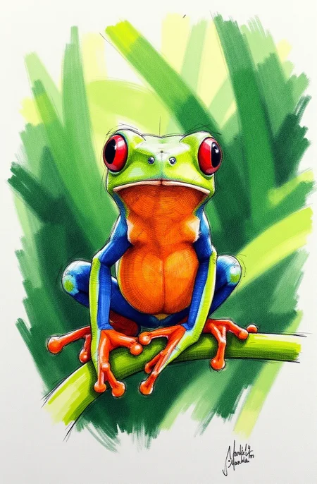 Sharp image of a rough sketch, rendered in vibrant multi colour ballpoint pen, capturing the adorable features of a close-up of a red-eyed tree frog sitting on a green leaf. The frog is facing the camera and its body is facing towards the right side of the image. It has a bright orange body with blue and red stripes on its legs and feet. Its eyes are large and round, and its mouth is slightly open, as if it is looking directly at the camera. The background is blurred, but it appears to be a tropical forest with green leaves and foliage. The image has a dreamy, ethereal quality to it.  p3nsk, <lora:p3nsk:1>