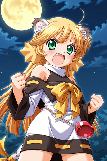 masterpiece, best quality, absurdres, official art, official style, general BREAK <lora:ouki-torakapu_IL_v1-1:0.7>, ouki, 1girl, solo, green eyes, blonde hair, sidelocks, long hair, ahoge, no headwear, flat chest, tiger girl, tiger ears, animal ear fluff, tiger tail, tail ribbon, yellow ribbon, turtleneck, halterneck, black capelet, ribbon trim, white dress, short dress, off-shoulder dress, bare shoulders, yellow bow, breast bow, long sleeves, wide sleeves, detached sleeves, red orbs, two large orbs, hanging from waist, outdoors, full moon, night, cloud, night sky, moonlight, starry sky,
blush, serious, clenched hand, fang, looking at viewer, open mouth, standing, v-shaped eyebrows, dynamic pose