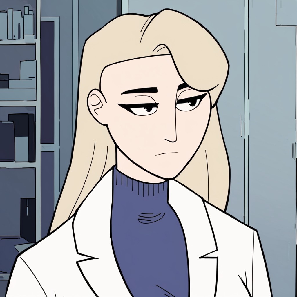 score_9, score_8_up, score_7_up, solo, 1girl, blue shirt, White lab coat, expressionless, Lab, room, inside, breast, blonde hair, black eyes,