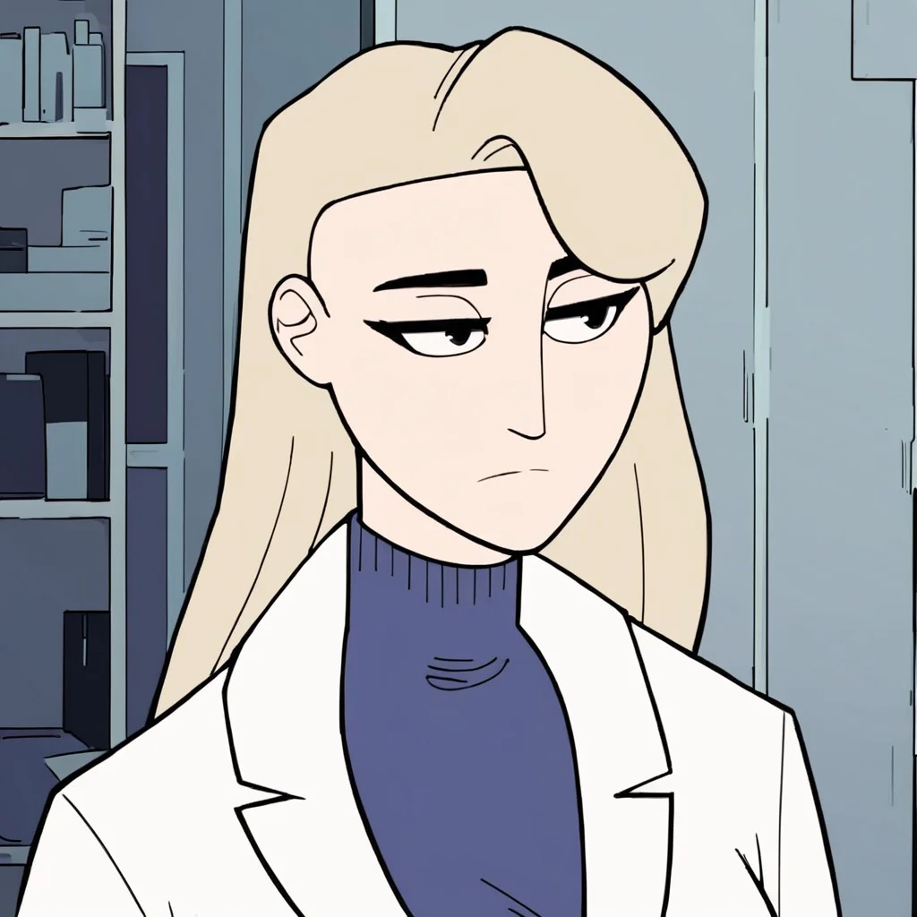 score_9, score_8_up, score_7_up, solo, 1girl, blue shirt, White lab coat, expressionless, Lab, room, inside, breast, blonde hair, black eyes,