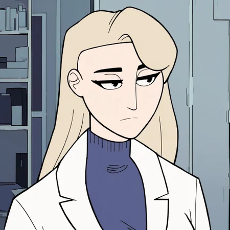 score_9, score_8_up, score_7_up, solo, 1girl, blue shirt, White lab coat, expressionless, Lab, room, inside, breast, blonde hair, black eyes,