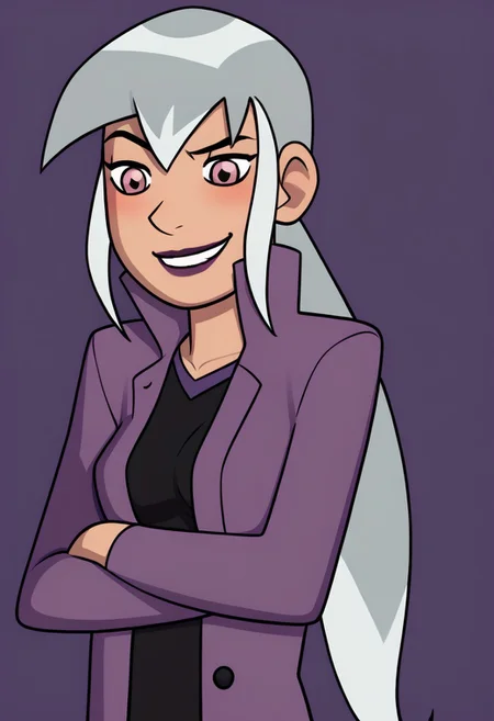 charmcaster, 1girl, solo, torn clothes, black shirt, long pink purple overcoat, breasts, smile, silver hair, long hair, crossed arms, pink eyes, blush, upper body, lipstick, ponytail,