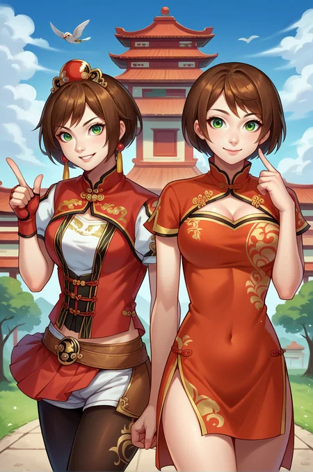 score_9,score_8_up,score_7_up,score_6_up,source_anime, 2girls,leaning to the side,contrapposto,pointing up,symmetry,facing another, cowboy shot,blue sky, ancient china, building in the background, pink tree,<lora:SunShangXiangPony-000018:0.5>
BREAK sunshangxiang, brown hair, green eyes, short hair, swept bangs, chinese clothes, red jacket, white shirt, red skirt,white short shorts,shorts under skirt, brown belt,red mini crown,red wrist cuffs,brown pantyhose,smile, looking at viewer, yellow tassel earrings, pointing at self, skirt,
BREAK sunshangxiang,hand up, brown hair, green eyes, short hair, swept bangs, red china dress,side slit, smile,short dress, smile, closed mouth, looking at viewer,cleavage, (arm behind back:0.8),contrapposto, index finger raised, short sleeves