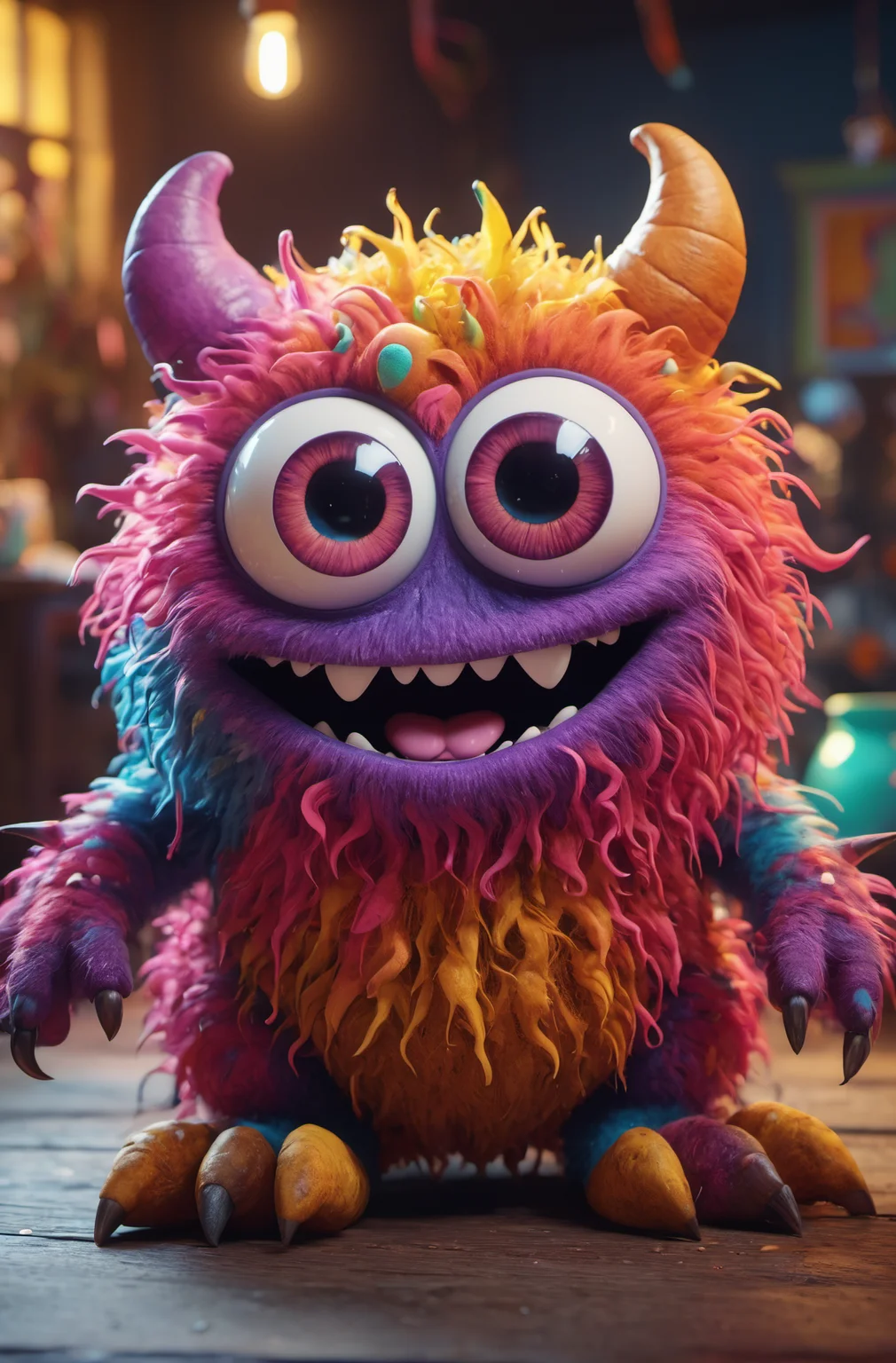 A cute monster, colorful, clutter, ultra detailed, mysterious, scary, perfect environment, cinematic lighting, product photography, unreal engine, 8K