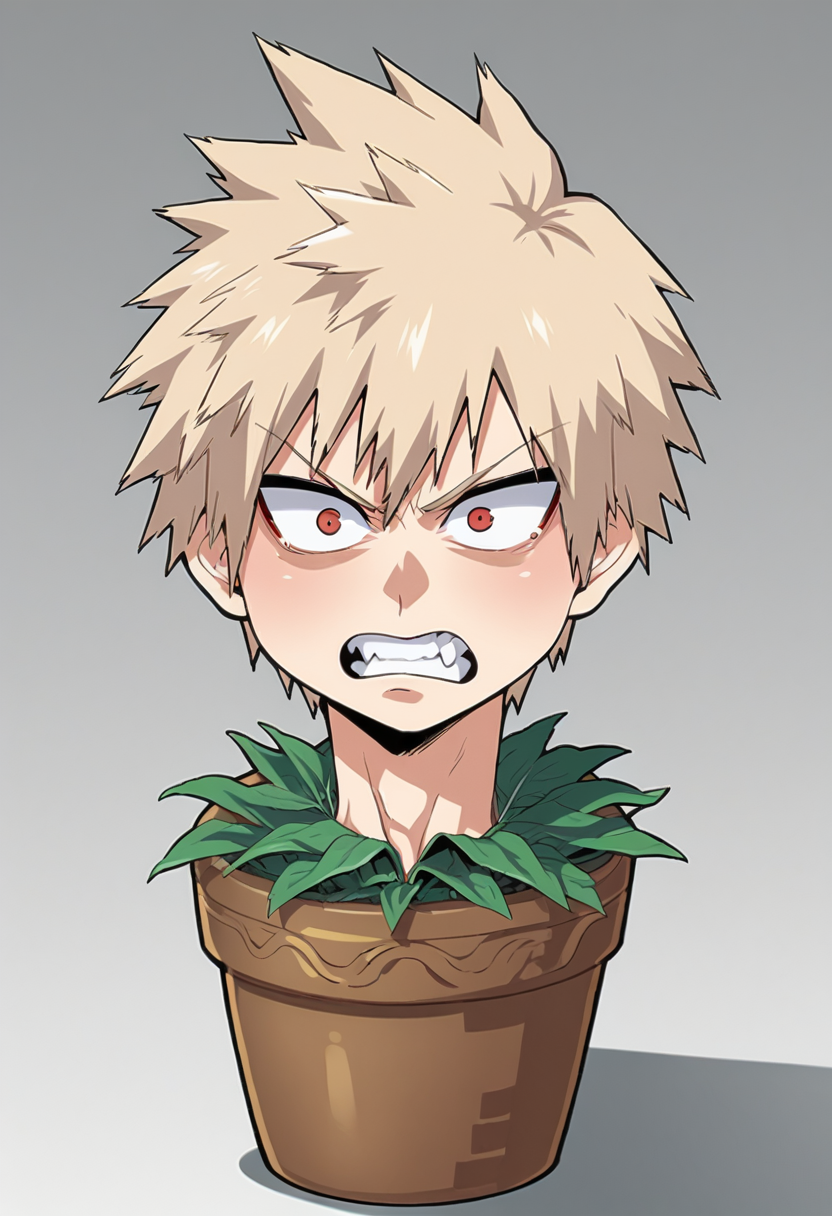score_7_up, source_anime, uncensored BREAK
 <lora:head_in_flower_pot:1> head in flower pot, 1boy, solo, male focus, chibi, bakugou tatsuki, angry, shouting