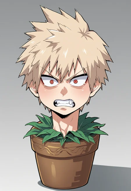 score_7_up, source_anime, uncensored BREAK
 <lora:head_in_flower_pot:1> head in flower pot, 1boy, solo, male focus, chibi, bakugou tatsuki, angry, shouting