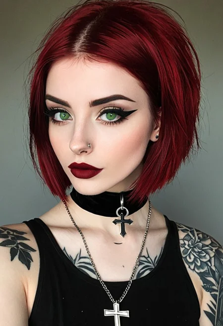 <lora:goth_girl:1> 1girl, 20 year old, perfect face, short Red Velvet color hair, perfect nose, green eyes, septum ring, Red Velvet lipstick, black eyeshadow, black choker with metal cross hanging from it, detailed tattoos on arms, perfect lips, fishnet lingerie
solo focus, standing, full body shot