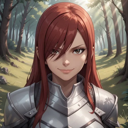 score_9, score_8, BREAK, solo, Erza_Scarlet_(Fairy_Tail), long hair, red hair, hair between eyes, brown eyes, large breasts, armor, hair over one eye, tattoo, shoulder armor, skirt, breastplate, gauntlets, blue skirt, self portrait, smile, looking at viewer, outdoors, sunlight, shadows, evening lighting, natural lighting, forest, trees, grass, orange sky, sunset