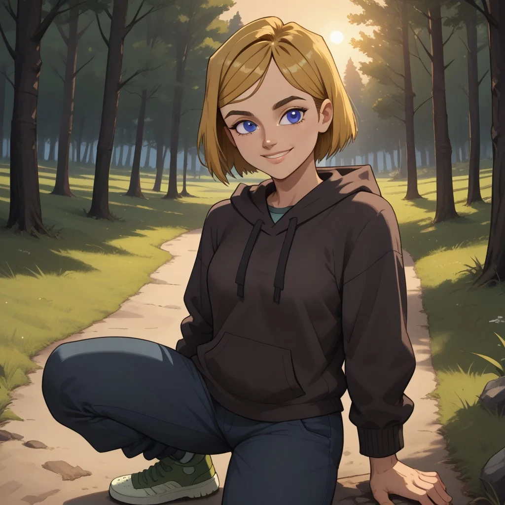 score_9, score_8, BREAK, solo, total drama, 1girl, dark blonde hair, indigo eyes, black eyebrows, lips, dark brown hoodie, dark blue pants, green sneakers, Jo_(Total_Drama), tdroti, sexy pose, smile, outdoors, sunlight, shadows, evening lighting, natural lighting, forest, trees, grass, orange sky, sunset