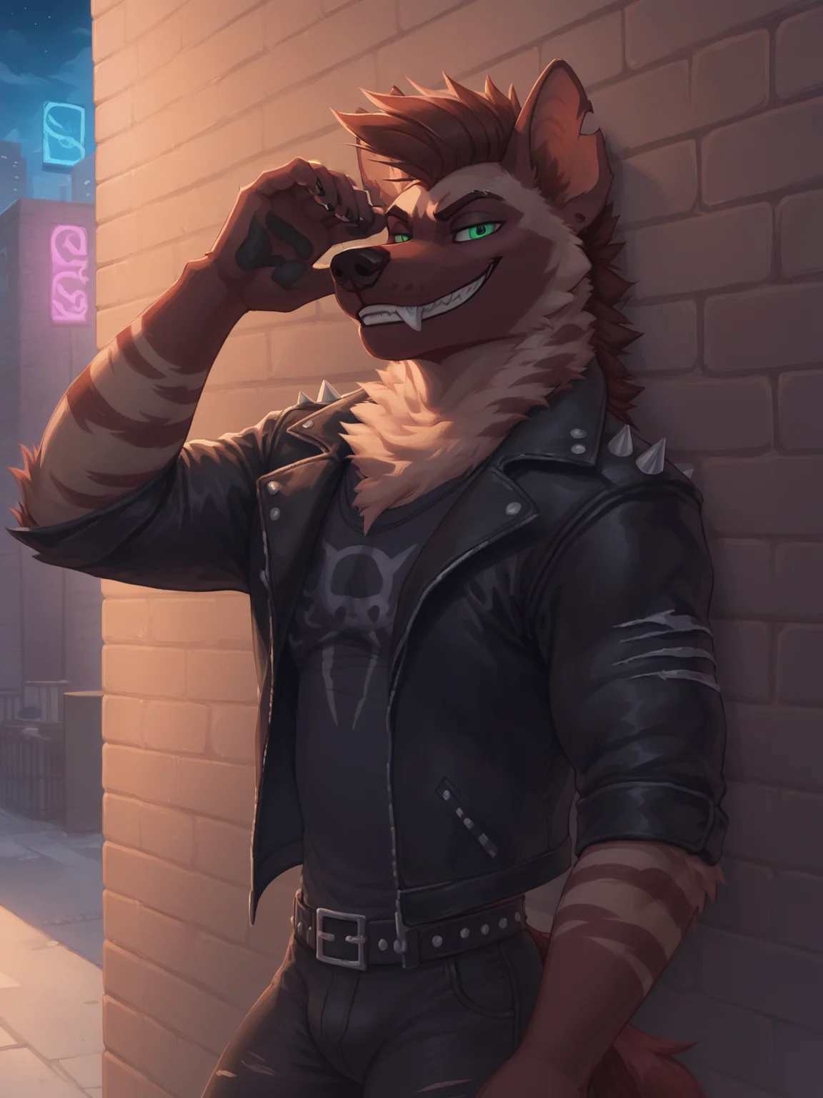 score_9, score_8_up, score_8, (striped hyena:1.2), male, tail, mohawk, long muzzle, fluffy neck fur, fur, glowing green eyes, digital painting, solo, flat color, soft lighting, rugged appearance, scruffy, 5finger, alleyway background, brick wall, leaning against wall, looking at viewer, grin, teeth, seductive, (musclegut:0.8), notched ear, dad body, night, leather jacket, punk clothes, spikes, grunge, rocker, <lora:princess_xl_v2:1>, <lora:Smooth Anime Style LoRA XL:1>, <lora:LoraStrHynBYXL_stripedhyena38:0.8>