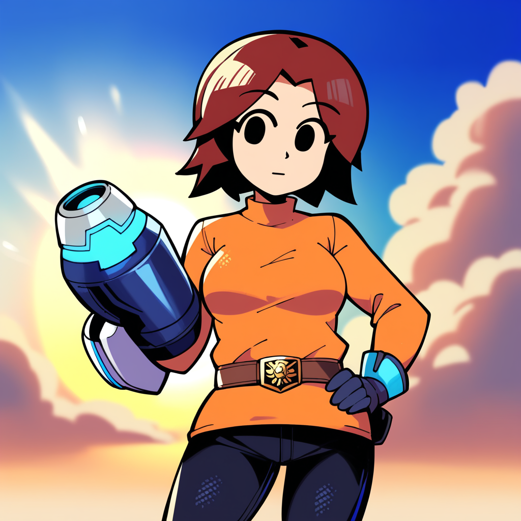 score_9, score_8_up, score_7_up, score_6_up, best quality, masterpiece, source_anime, detailed background, blue background, clouds, sun, sun rays, BREAK 1girl, mii_gunner_(\smash_bros_4\), large head, amber hair, female, black eyes, dot eyes, orange dress, long sleeves, black pants, belt, gloves, arm cannon, one hand on hip, cowboy shot, looking at viewer  <lora:PDXL_MiiGunner_S4:1>