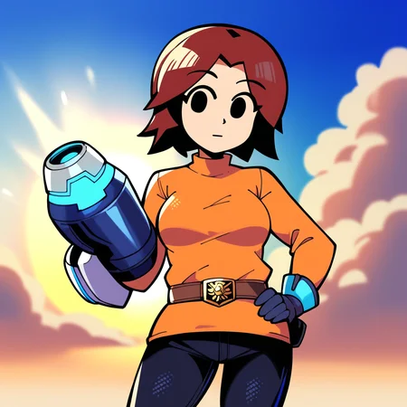 score_9, score_8_up, score_7_up, score_6_up, best quality, masterpiece, source_anime, detailed background, blue background, clouds, sun, sun rays, BREAK 1girl, mii_gunner_(\smash_bros_4\), large head, amber hair, female, black eyes, dot eyes, orange dress, long sleeves, black pants, belt, gloves, arm cannon, one hand on hip, cowboy shot, looking at viewer <lora:PDXL_MiiGunner_S4:1>
