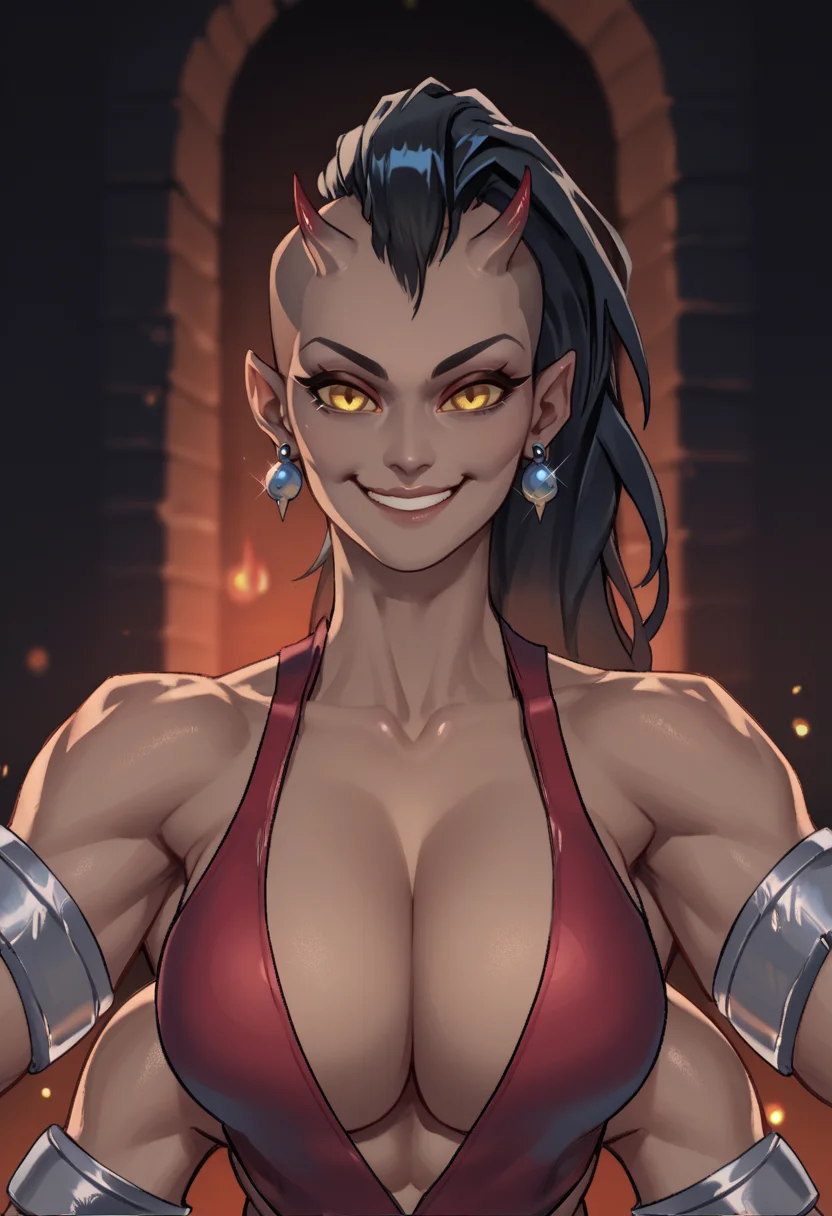 score_9,score_8_up,score_7_up,
sheevaxl,4 arms,yellow eyes,black hair,
red one-piece swimsuit,bracer,earrings,black hair,toned,tiny head horns,looking at viewer,cleavage,
upper body,smile, arms to side,
night,dungeon,<lora:Sheevaxl:0.9>,