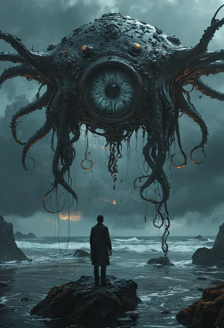 Craft a high-resolution 8k, photorealistic image that merges the omnipresent eye wings structure, symbolizing universal surveillance, with the eldritch horror style of H.P. Lovecraft. This non-anthropomorphic entity exhibits wings made of countless eyes, unfolding amidst swirling cosmic clouds, contrasted against the floating central sphere of an eye monster, emitting an eerie, spectral light. The tentacles extend into the darkness, adorned with arcane symbols, suggesting a universe of inscrutable, haunting watchfulness. Rendered in 22 Megapixels with HDR, the composition embodies a detailed, shimmering perspective of a dark, mysterious cosmic action scene, shot on IMAX 70mm for utmost clarity and perfection.photorealistic, Depth of Field | Action Scene | Natural Lighting | Subject | Centered-shot | 22 Megapixels | Shot on IMAX 70mm | Detailed |Elegant | Perfection | Shimmering | Prespective, HDR, 8k, high resolution, gear-like mechanism floating in a stormy sky, spikes adorning <lora:add-detail-xl:1> <lora:MJ52:0.5>
