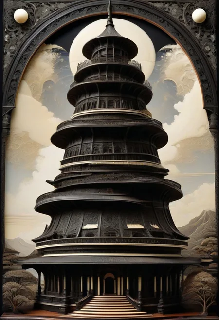 (masterpiece, detailed:1.2), best quality, intricate tower, made out of, ebony, ivory, scrimshaw, bone carving