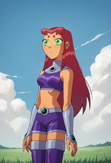 score_9, score_8_up, score_7_up, score_6_up, score_5_up, score_4_up, BREAK, source_anime,
1girl, starfire, red hair, long hair, green eyes, orange skin, crop top, midriff, miniskirt, thighhighs, thigh boots,
solo, blue sky, cloud, grass, moumtains background <lora:StarfireTTXL:1>