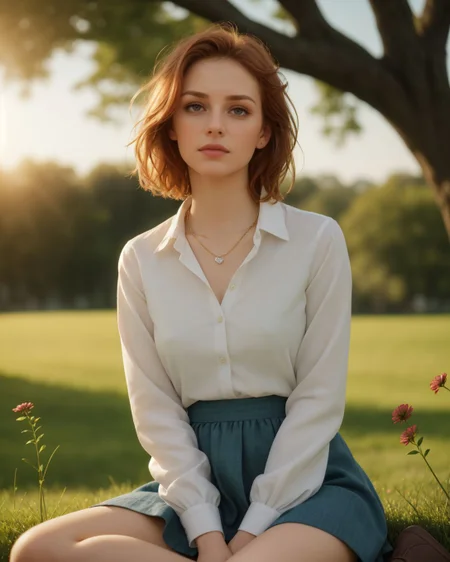 superbloom scenery, 24yo attractive irish redhead, (striking eyes with full limbal ring visible, piercing gaze with prominent limbal rings, large expressive eyes with sharp limbal rings, intense wide eyed stare at viewer:1.4), wide cinematic establishing shot seductive young woman sitting having picnic under tree, (bra strap, cleavage,  young adult irish redhead:1.25), (style of Alessio Albi:1.4), Realist Portraiture, Soft Lighting, Emotional Depth, Simple Compositions, (Layered Depth, Soft focus foreground, Painted Scenery:1.1), alluring feminine physique, short backlit hair, perfect face, thin upper lip, pouting lower lip, thin brows, small upturned nose, bow-shaped lips, Raised Eyebrows, Focused Gaze, eager expression, quaint farm setting, (relaxed country woman), (tight unbuttoned shirt, thin material), subsurface scattering, classic cotton, soft pastel, intricate embroidery collar cuffs, rolled-up sleeves revealing sun-kissed forearms BREAK (blanket:1.15), rich textures, patchwork design, vibrant colors, detailed stitching, homely aesthetic (skirt), elegant rustic charm, subtle floral pattern, linen, sways breeze BREAK ((wildflower wreath)), crown delicate chain necklace, small, intricate pendant, heart-shaped with floral theme, glowing subtly in the soft light, ethereal quality, [lens flare glinting], (mischievous yet content expression), lush green fields in the background, (soft, sunlit ambiance), simple leather boots, carefree hair  <lora:kodak_ultramax_400:0.8> golden hour, soft golden light, pastel sky, relaxed posture, natural smile, earthy colors, candid moment, trees and flowers in background, leading lines, depth of field, slightly off-center framing, warm tones, cinematic look, natural setting, editorial style, soft textures, subtle lighting, peaceful mood
