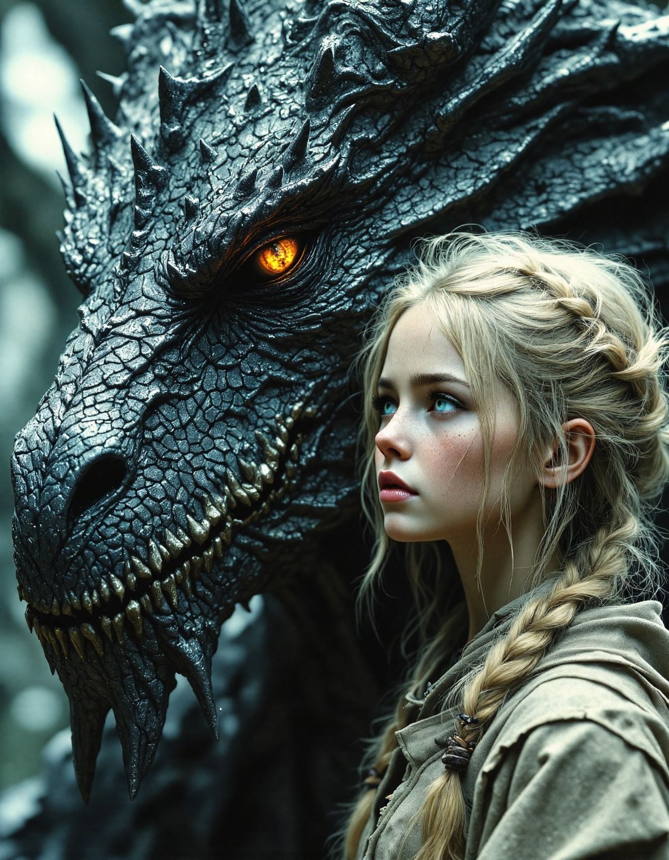 cinematic photo, dramatic close-up portrait in a dark fantasy style.  A young girl with pale skin, light blonde hair styled in braids, and slightly smudged face looks intently towards the right of the frame.  She wears simple, rough-spun clothing.  Loosely framing her from the left side is the immense, scaled head of a dark grey dragon.  The dragon's scales are incredibly detailed and textured, with sharp spikes and horn-like protrusions.  The dragon's visible eye is a striking, glowing orange-yellow, and it seems to be observing the girl.  The lighting is dramatic, with deep shadows emphasizing the textures and forms of both the girl and the dragon. The overall style resembles a digital painting with a focus on realism, texture, and a slightly somber, intimate atmosphere, 35mm photograph, film, bokeh, professional, 4k, highly detailed, <lora:Elden_Ring_-_Yoshitaka_Amano:0.4>, <lora:Dever_Flux_Enhancer:0.3>, <lora:FantasyWizardWitchesFluxV2-000001:0.8>, <lora:RetroAnimeFluxV1:0.35>, <lora:FluxProUltraFantasia:0.5>