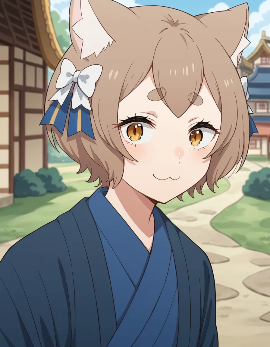 score_9, score_8_up, score_7_up, source_anime, <lora:felix-argyle-s3-p1-ponyxl-lora-nochekaiser:1>, felix argyle, short hair, bangs, brown hair, bow, animal ears, hair bow, male focus, cat ears, eyelashes, bob cut, thick eyebrows, white bow, otoko no ko,, japanese clothes, kimono, blue kimono, village, houses, community, rural, farms, smile, hands behind back, bent over,, looking at viewer, solo,, dutch angle, cowboy shot