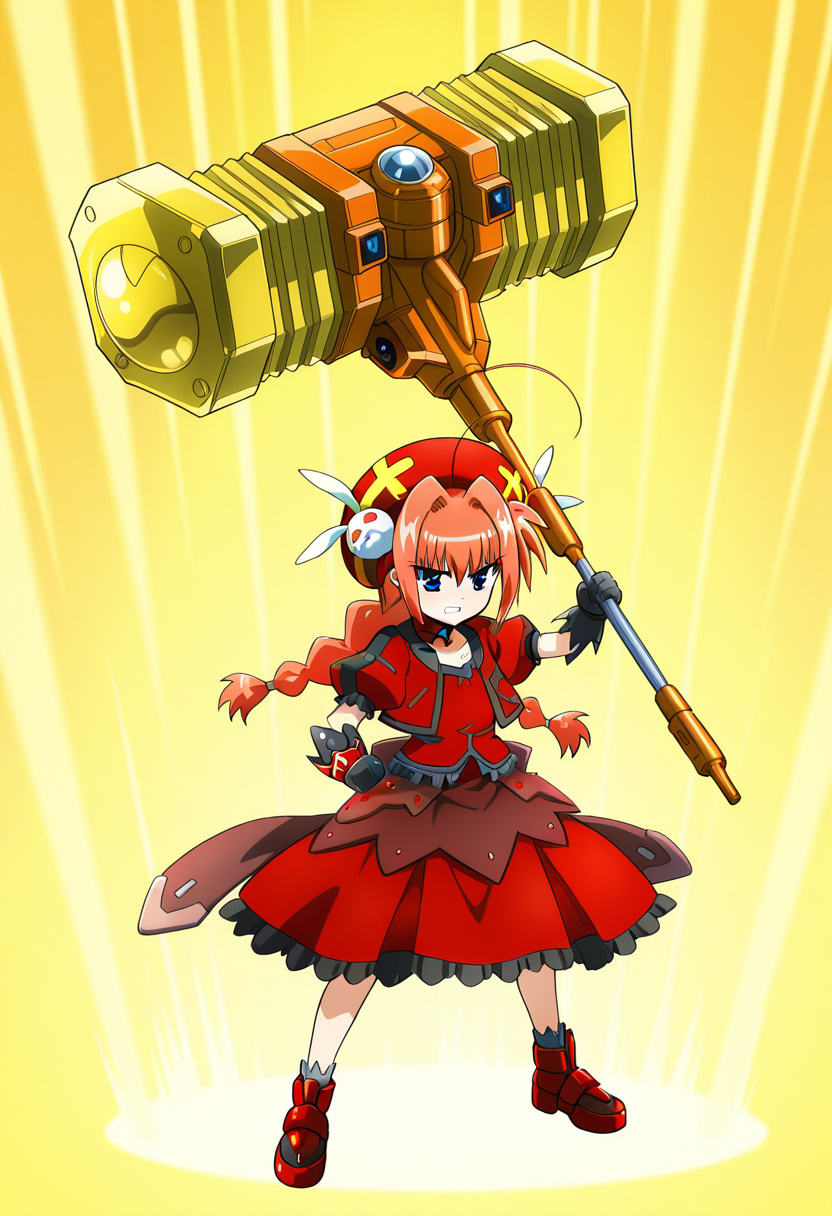 masterpiece,best quality,amazing quality,very aesthetic,absurdres,newest, gorudionhammer, hammer, holding hammer, huge weapon, yellow background, 1girl, solo, lyrical nanoha,vita \(nanoha\), red hair, long hair, braid, twin braids, hair between eyes, hair intakes, ahoge, blue eyes, vita_magicalform, magical girl, beret, rabbit hair ornament, red dress, puffy short sleeves, open jacket, choker,b lack gloves, standing, full body, serious, clenched teeth