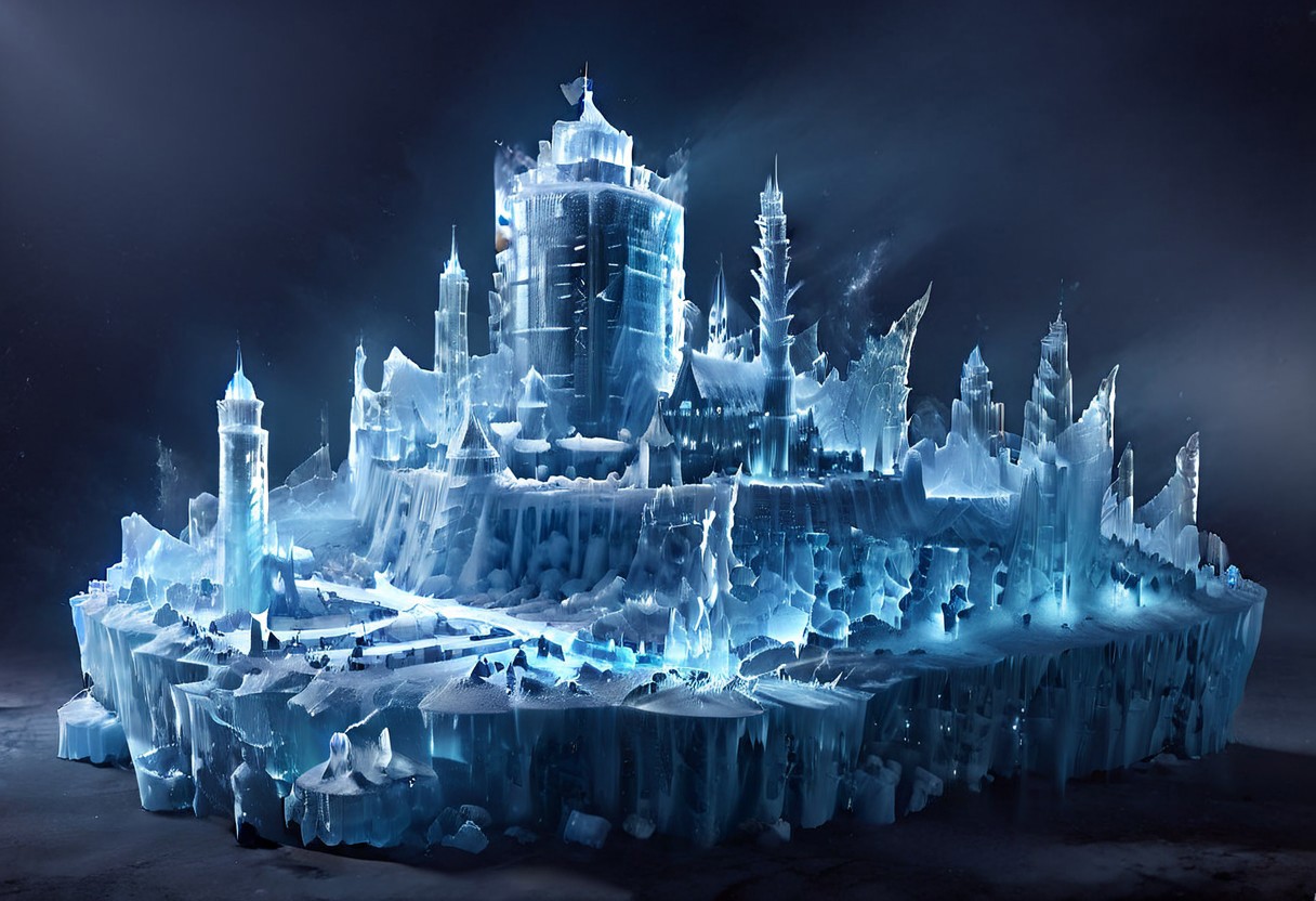 DarkFantasy, ice, ais-icebaby, made of ais-icebaby, dark, chiaroscuro, low-key, ((castle)),  3 towers,towers,  kaiyomuseum, night, scenery, water, building, night sky, moon ice,  skyscraper, city, city lights, reflection, neon lights, ice_art, ice, matchcraft floating island, sky , star