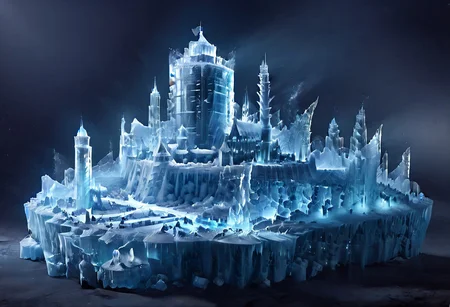 DarkFantasy, ice, ais-icebaby, made of ais-icebaby, dark, chiaroscuro, low-key, ((castle)), 3 towers,towers, kaiyomuseum, night, scenery, water, building, night sky, moon ice, skyscraper, city, city lights, reflection, neon lights, ice_art, ice, matchcraft floating island, sky , star