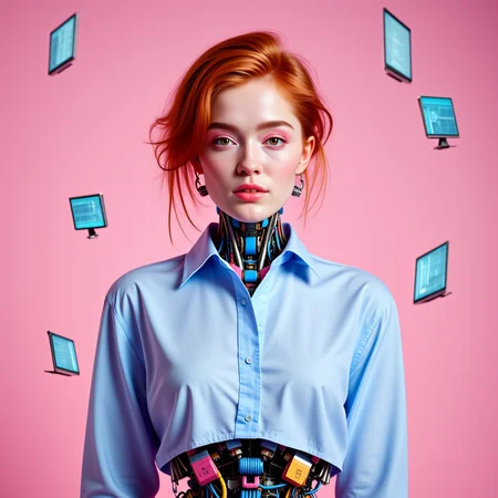 analog photo, 35mm, full body shot, front facing view, <lora:jialissa-ultimatev2:0.9> <lora:pasteBot02FL:0.7> futuristic, pink, blue, ajpasbot, mechanical, a beautiful mechanical redhead woman with a full robotic body, ultra quality, ultra detailed, ultra realistic, she's in a futuristic tech base with floating holographic monitors, full shirt, long sleeved shirt, high neck, collared shirt