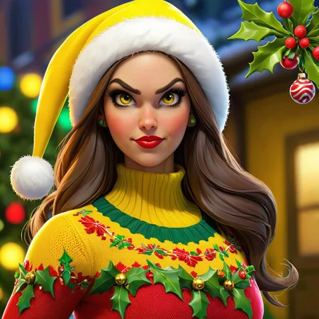 <lora:mistletoe_mercenaries:1>  mistletoe mercenaries, Female Super Hero, Santa Mercenary wearing a yellow ugly christmas sweater, Mistletoe in background, <lora:sdxl_photorealistic_slider_v1-0:0.8> <lora:PerfectEyesXL:0.8>      perfecteyes, Photo, colorful, vivid, beautiful, photorealistic, 16k resolution, intricate, highly detailed, gorgeous, 3D shading, by Greg Rutkowski,