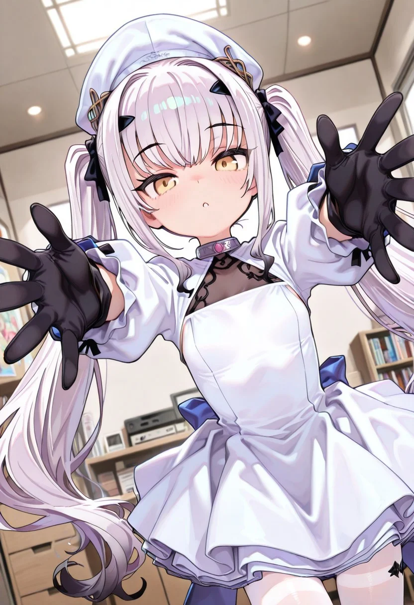 melusine \(Spiritron Dress\) \(fate\),1girl,gloves,black gloves,dress,long hair,white dress,solo,pantyhose,twintails,hat,looking at viewer,white pantyhose,bangs,hair ornament,white hair,hairclip,very long hair,white headwear,yellow eyes,<lora:melusine2 (Spiritron Dress) (fate):0.8>,upper_body,dynamic_angle,indoor,otaku room,station,reaching_out,outstretched_arms,, masterpiece,best quality,amazing quality,