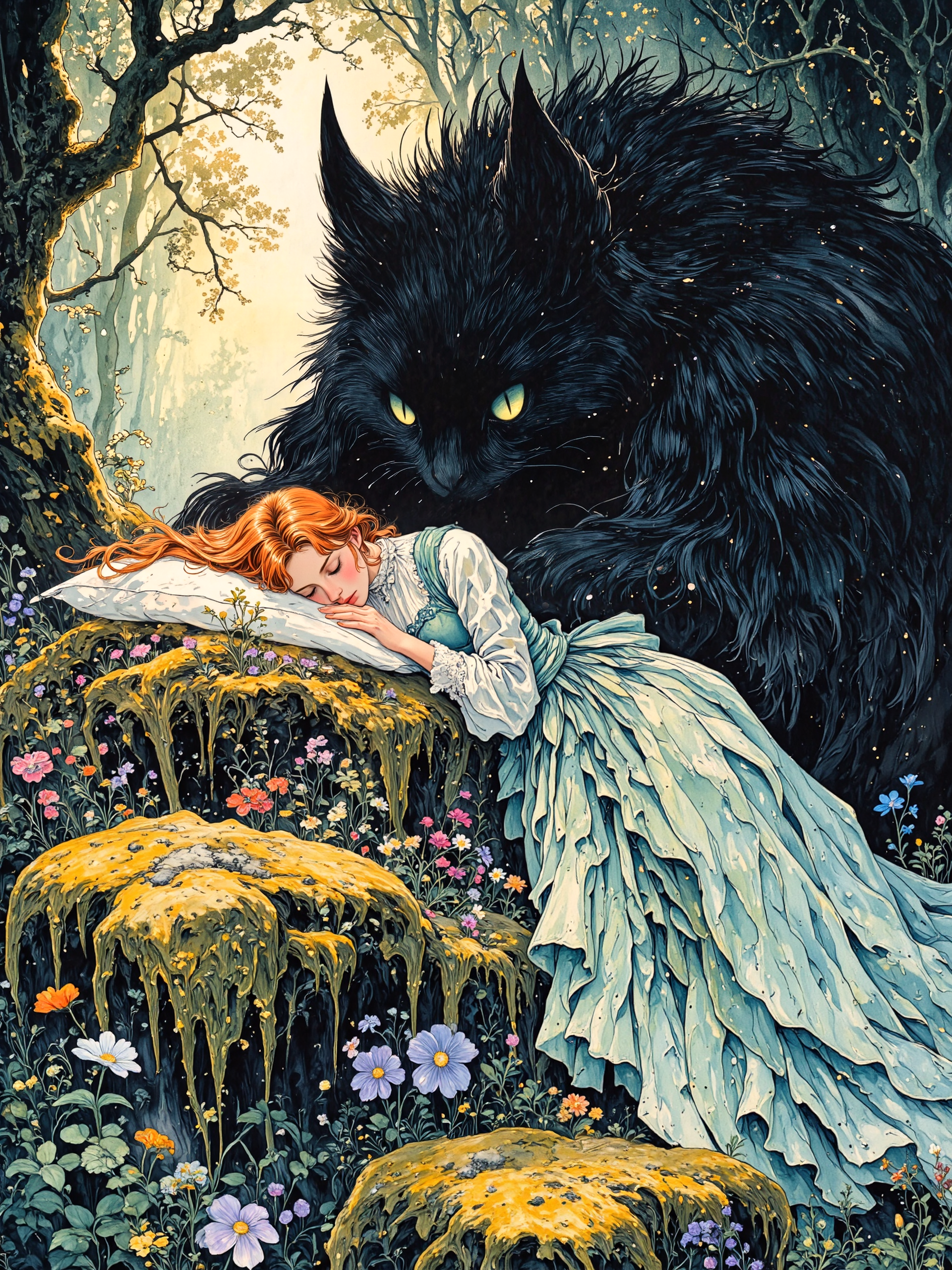 famous artwork, masterful watercolor and ink painting inspired by the styles of kay nielsen and studio ghibli, dreamlike and ethereal, in the heart of an ancient forest, where ancient, moss-covered trees stand like silent sentinels and wafts of morning mist drift through the scene, a young woman with long, flowing, fiery red hair sleeps peacefully on top of a gigantic towering whimsical magical creature with clean thick and fluffy, velvety black fur, her long dress cascading in soft folds around her. the long, frilled victorian dress is teal colored with beautiful ornate embroidery, the dress comes with intricate frilled lace cuffs, puffed-up shoulders, and a high collar, its rich fabric catching the dappled light, creating subtle highlights and shadows that enhance its opulent texture, her eyes are closed, and her expression is serene. the enormous, fluffy black creature watches the surrounding with glowing, otherworldly eyes, its fur meticulously rendered with thousands of fine, silken strands, shimmering with an almost magical softness, its presence both comforting and mysterious, like a guardian spirit of the enchanted wood. the surrounding forest is lush and overgrown, bathed in dappled light filtering through the treetops, a rich interplay of golden sunbeams and deep shadows casting mesmerizing patterns on the mossy ground, tiny glowing bugs drifting through the air like fairy lights, the background fades into a haze of deep greens and mystical blues, the forest stretching endlessly beyond sight. the foreground shows some colorful wildflowers in shades of purple, blue, and orange, adding a touch of vibrant contrast to the scene. the composition is intimate yet expansive, with a slightly elevated and off-center perspective offering a full view of both the woman and the creature, the curve of its enormous body cradling her in a protective embrace, drawing the viewer into a scene that feels at once safe and profoundly magical. the color palette is dominated by deep, mystical greens and velvety blacks, providing a dramatic contrast to the woman's vivid red hair, the interplay of dark and light evoking a sense of wonder and surreal beauty, capturing the essence of a timeless fairytale. delicately hand-painted textures, exquisite detailing in the lace, fur, and forest elements, infused with a sense of nostalgia and myth, soft and flowing brushstrokes lend a dreamlike, painterly quality, evoking the enchanted worlds of folklore and forgotten legends. delicately painted on hand-textured washi paper with archival ink and watercolor, masterful use of shadow and light creating depth and movement, bringing this mythical moment to life with haunting beauty, ovg, studio ghibli dark fairytale, style of rembrandt, <lora:style-dark_ghibli-flux-by_arsmachina:0.84> <lora:style-rembrandt-flux-by_tangbohu:0.8>