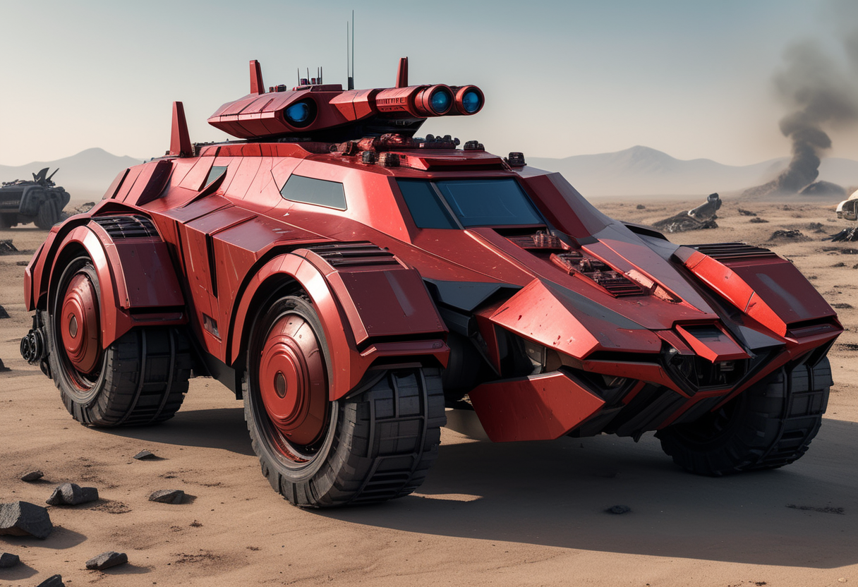 (medium full shot) of (high-tech heavy red futuristic armored car, batmobile style) with modular armor, elegant design, gas-turbine engine, EMP system, side skirts, set in  a war-torn landscape, featuring scorched earth, shattered buildings, advanced military vehicles, drone swarms, and holographic command centers, ,Masterpiece,best quality, raw photo, realistic, very aesthetic
