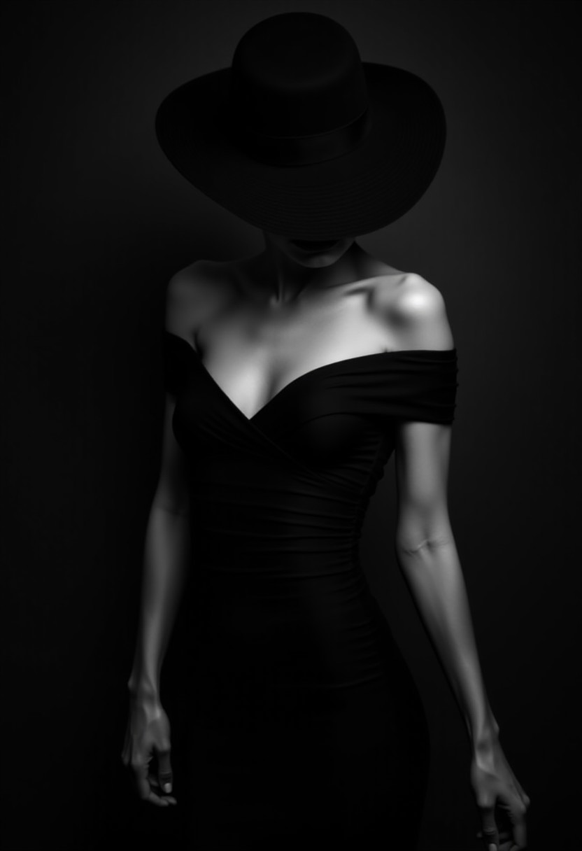 in a dimly lit, a monochrome high-fashion portrait of a woman donning an exquisite black dress with matching wide-brimmed hat against a darkened, blurred background. Her fitted, off-the-shoulder gown wraps around her bodice, cinched at the waist by a matching sash. The hat's shadow obscures her face, infusing mystery into the scene. Dark shot, dramatic shadows, muted highlights, black over black, chiaroscuro, film noir style.